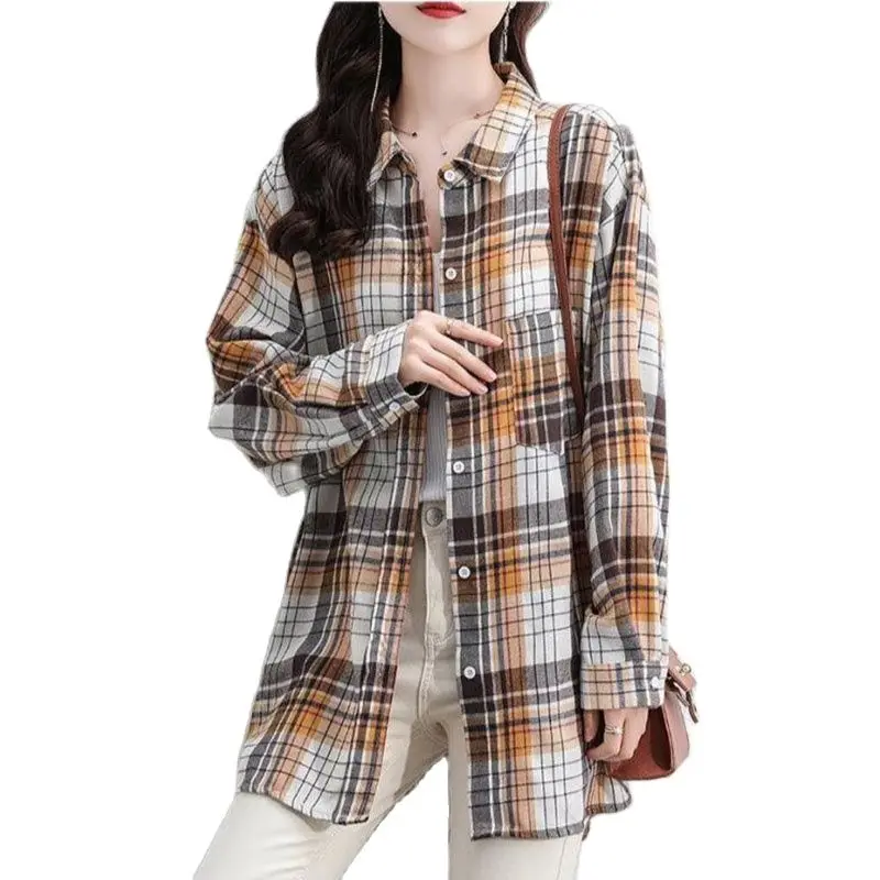 

Spring Autumn Fashion Retro Sanding Lattice Long Sleeves Women Shirt Jacket Korean Version Medium Long Loose Wild Female Tops