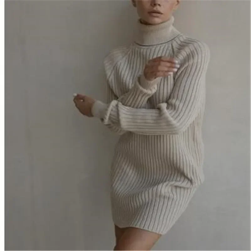 Simple Stripe Thread Knit Short Dress Female Fashion Medium Length Solid Color High Neck Warm Loose Sweater For Women