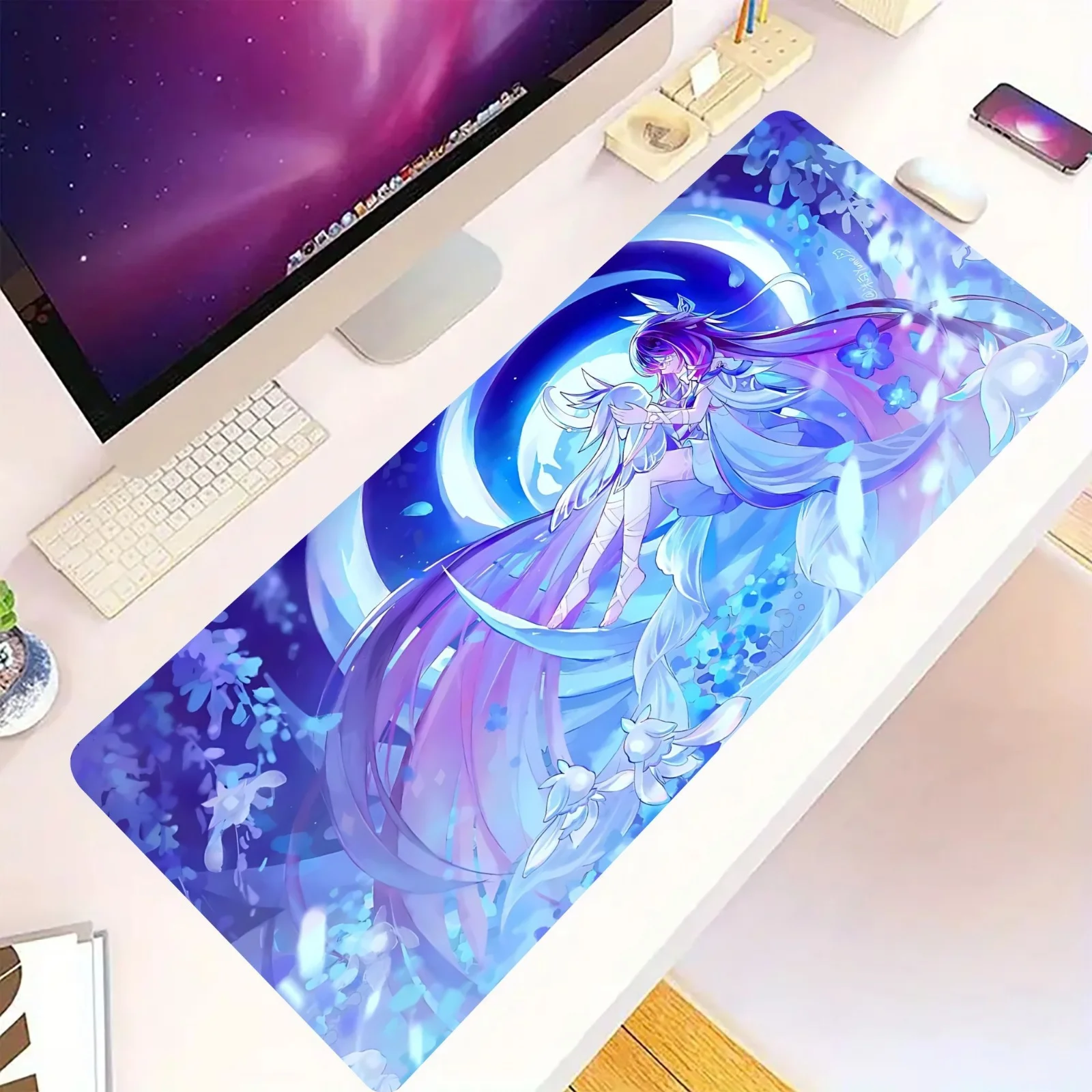 Blue and Purple Fantasy Anime Girl Gaming Mouse Pad, Large Non-Slip Desk Mat with Magical Vibe for Gamers Office