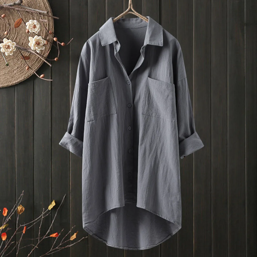 New Casual Loose Cotton Linen Women Shirts Spring Collar Oversize Blouse Long Sleeve Buttons White Shirt Women Tops Streetwear