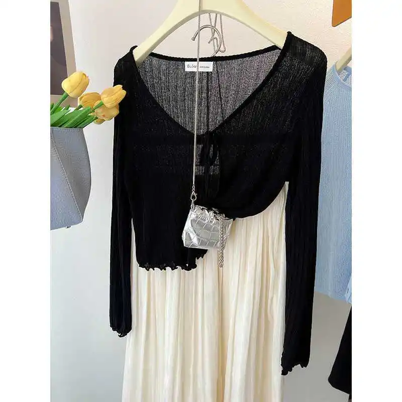 

plus Size Ice Silk V-Ne awl Women's Sun Protection Clothing Thin Belted Long Sve Air Conditioning Cover up ort Jaet