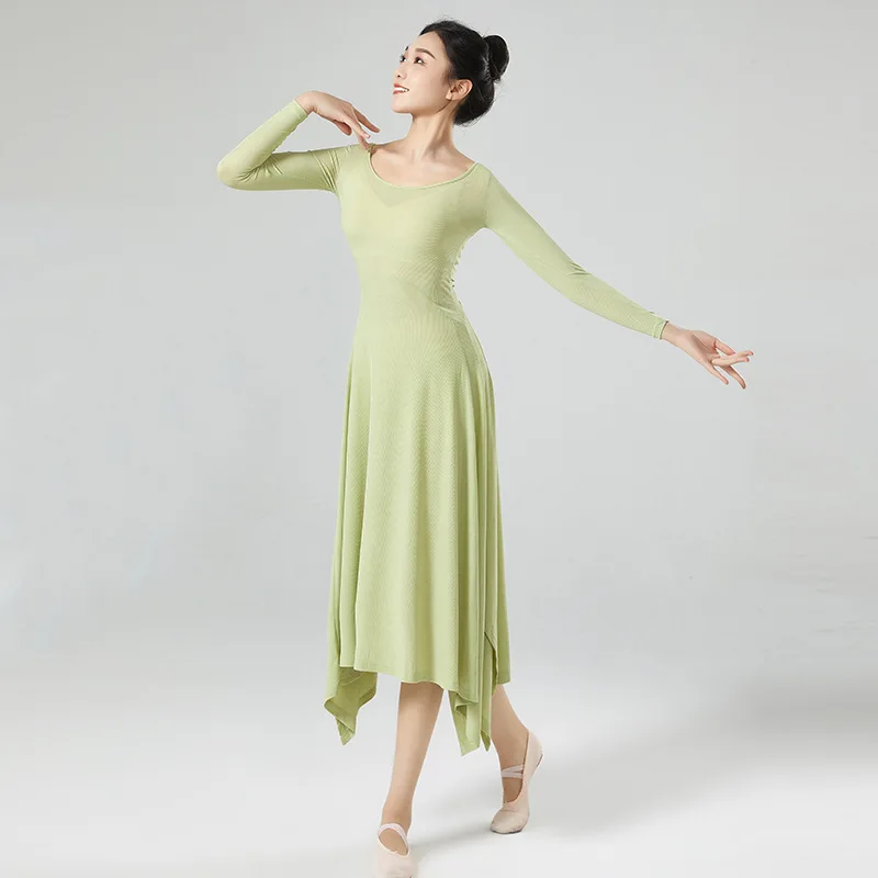 Women Modern Dance Long Dress  Solid Ice Silk Practice Clothes Big U Collar Irregular Split Hemline Folk Dancer Worship Costume