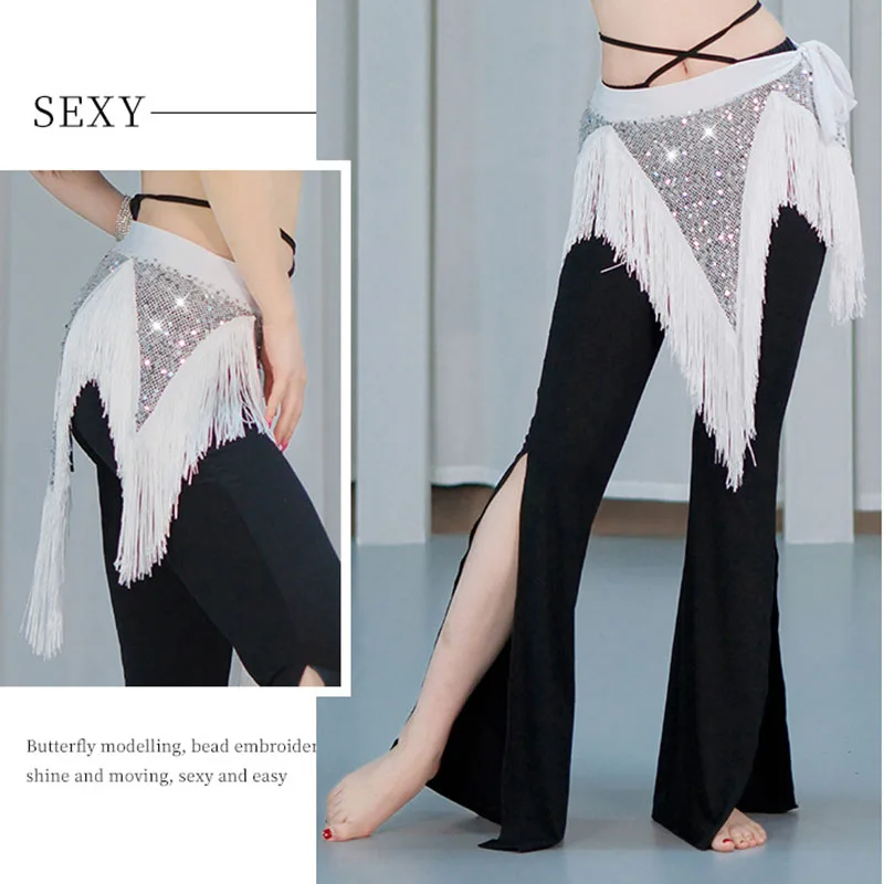 Women Sequin Glowing Belly Dance Skirt Adult Glitter Dancing Tassel Hip Scarf Bellydance Stage Performance Wrap Belt Waist Chain
