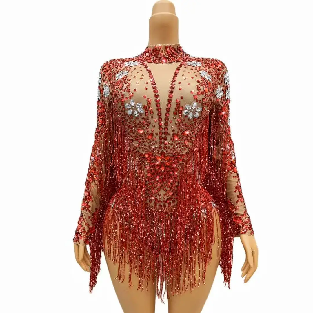 Birthday Celebrate Long Sleeves Dance Bar Women Singer Outfit Blue Silver Rhinestones Transparent Fringe Bodysuit