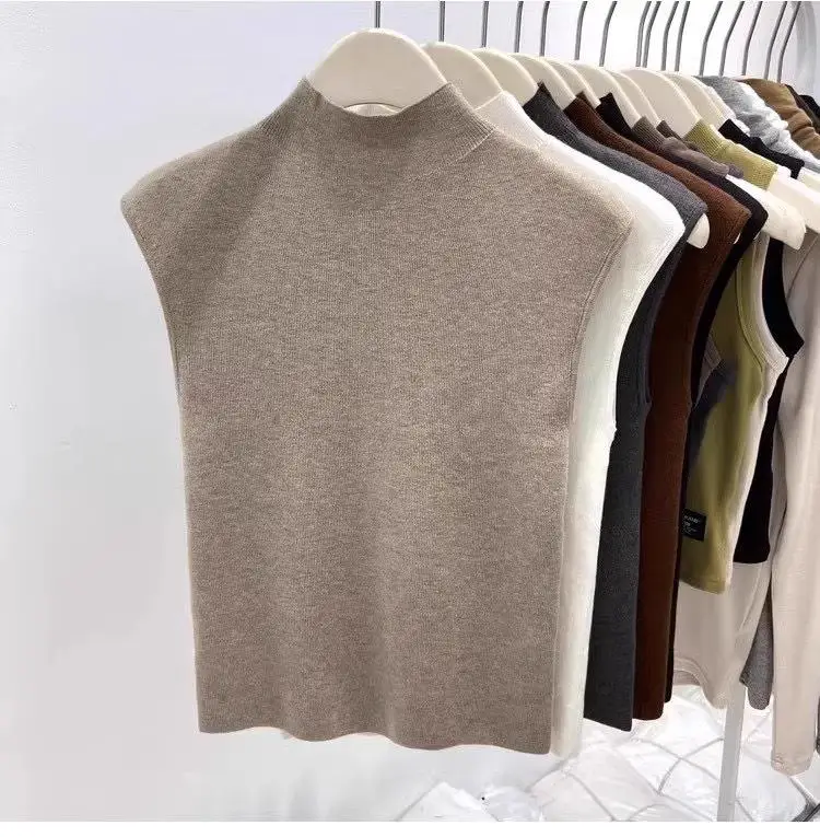 

Autumn Knitted Tanks Top Women Sleeveless Knitted T-Shirts Female Sweater Slim Casual Vests Crop Tops Half Neck Pullover Tops