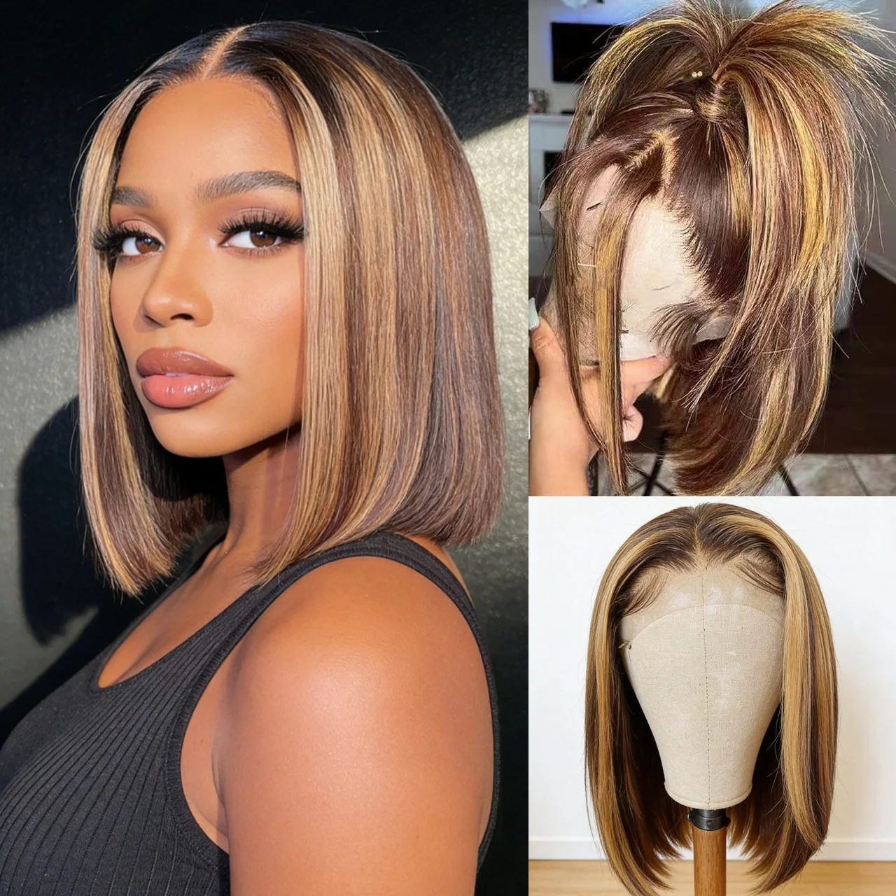 

Коричневые с блондовыми прядями парики с кружевной передней частью для женщин, короткий парик-боб из синтетических волос, мягкие, как натуральные, без клея, для косплея и повседневного использования