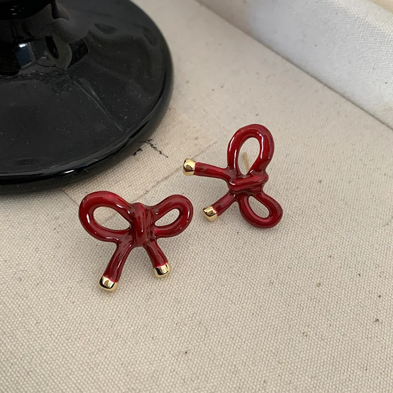 

French Retro Red Oil Drop Bow Stud Earrings for Women Fashion Cute Sweet 925 Sterling Silver Earrings Jewelry Accessories Gifts