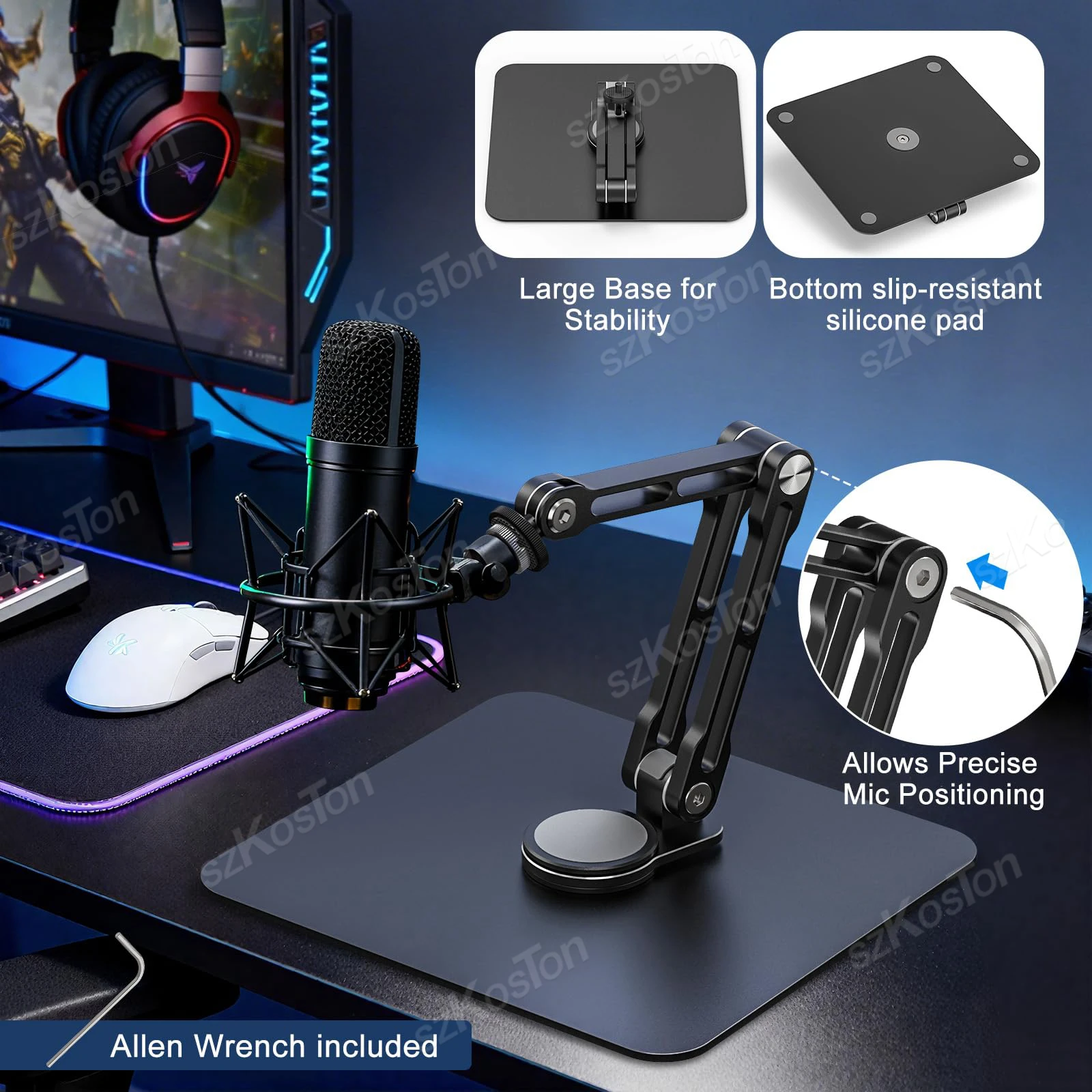 Wytrzymały statyw mikrofonowy 360 °   Obrotowy, składany statyw mikrofonowy z regulowanym metalowym ramieniem do nagrywania, podcastingu i streamingu. — zdjęcie produktu 5