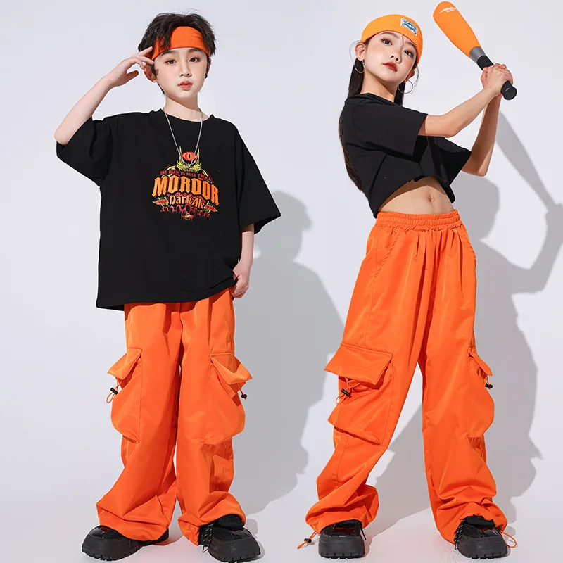 Kid Hip Hop Clothing Black Graphic Tee Crop Top T Shirt Orange Casual Pocket Cargo Pants for Girl Boy Jazz Dance Costume Clothes