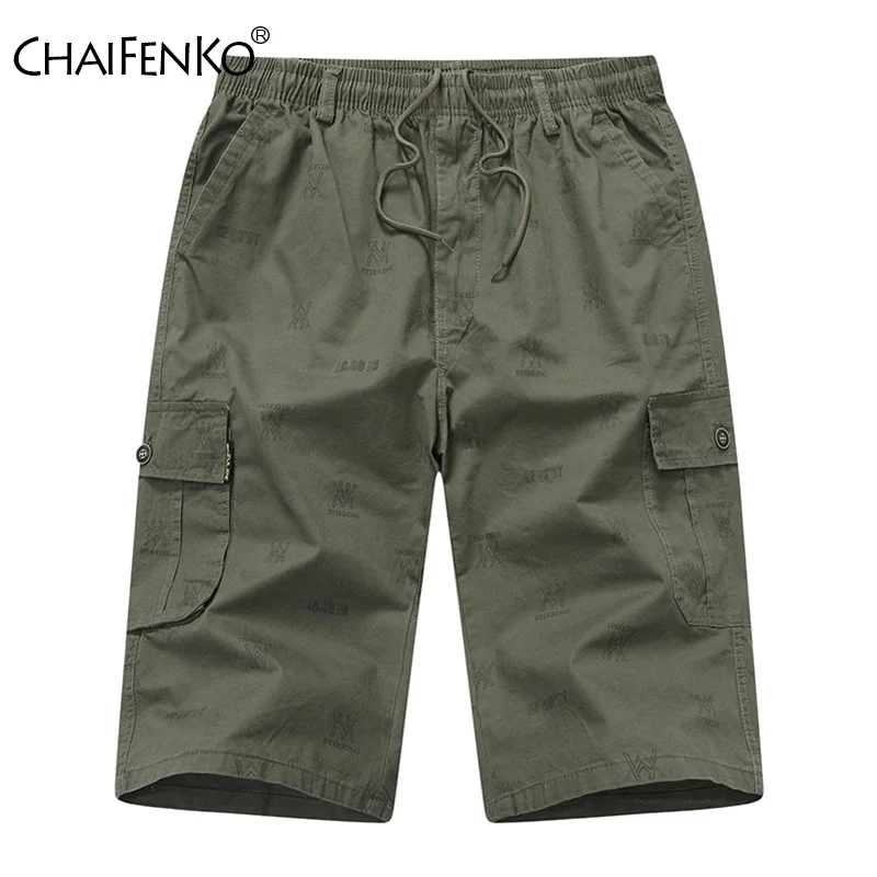 Summer Man Outdoors Pure Cotton Printing Cargo Shorts New Solid Color Multiple Pockets Fashion Elastic Waist Motion Shorts Man