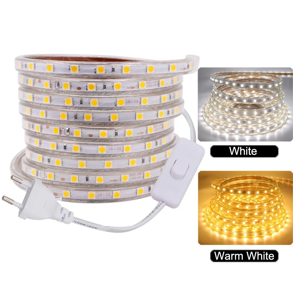 Imagem -04 - Fita Led Flexível para Decoração de Casa Fita com Interruptor on Off Fita Impermeável Branco Quente 60leds 220v 110v 5050