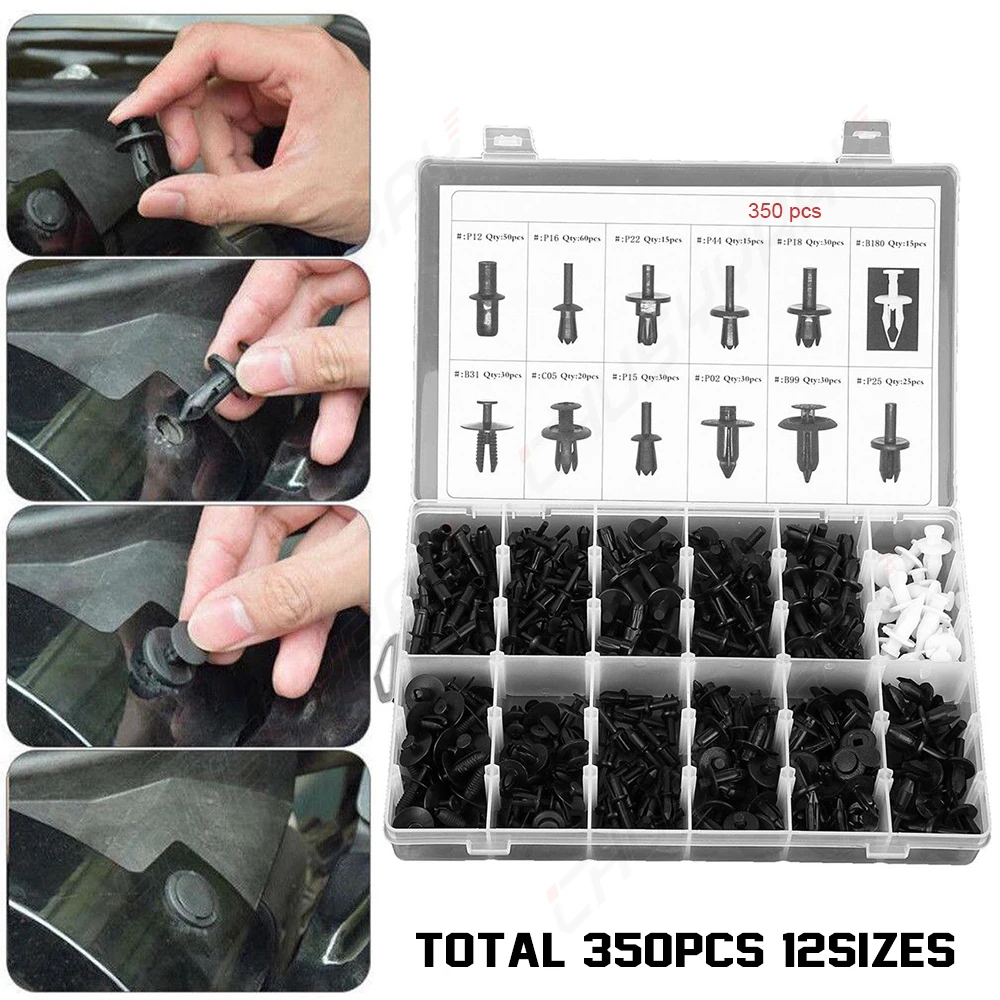 XWQHJW 350PCS Black Plastic Auto Fasteners Rivets Clips Vehicle Car Bumper Door Panel Fender Liner Clips Retainer