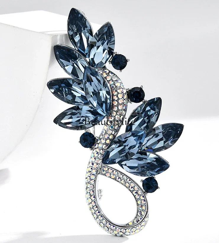 Woolen Coat Brooch High-End Women's Advanced Luxury Elegant Blue Crystal Business Suit Corsage