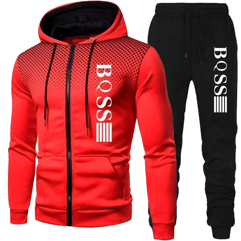 2024 new fall winter men's clothing sweatshirt set zipper hoodie sleeve hoodie cardigan and casual pants two-piece set