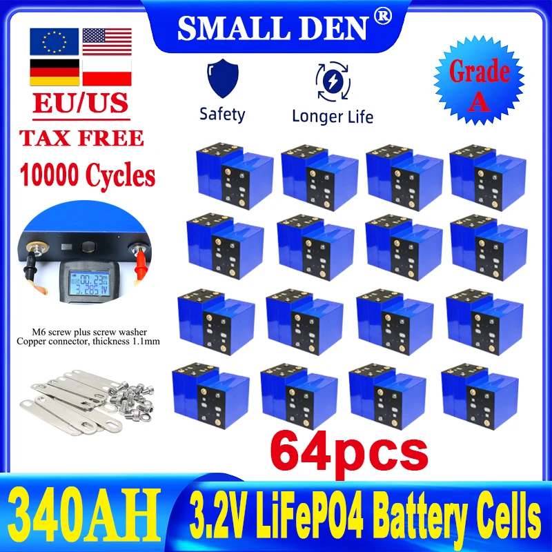 64pcs Power Battery 3.2V 340Ah Lifepo4 Battery 10000 cycle diy 12V 24V 48V A-class 3C RV Solar Golf Cart Rechargeable cell NoTax