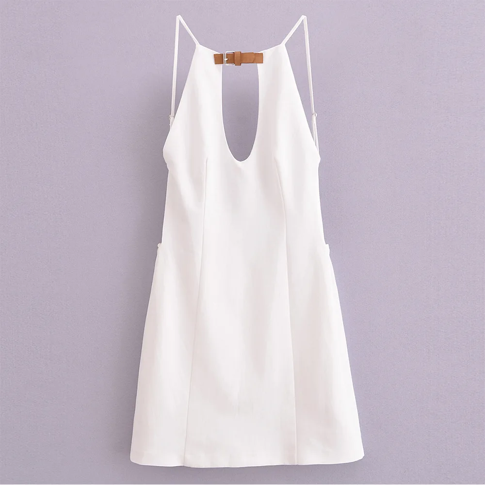 Woman New Fashion Summer Sexy Dress White Sleeveless Backless Belt Decorate Hollow Out Zipper Female Streetwear Mini Dress