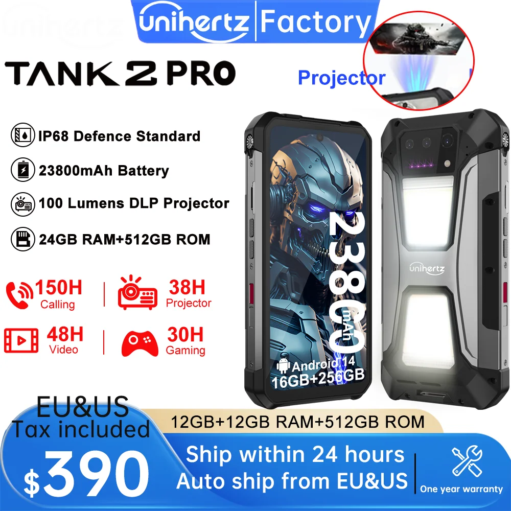 US EU MX Warehouse Unihertz 8849 Tank 2 PRO Rugged Smartphone with Projector,Android 14,24 + 256GB 23800mAh battery,120W charger