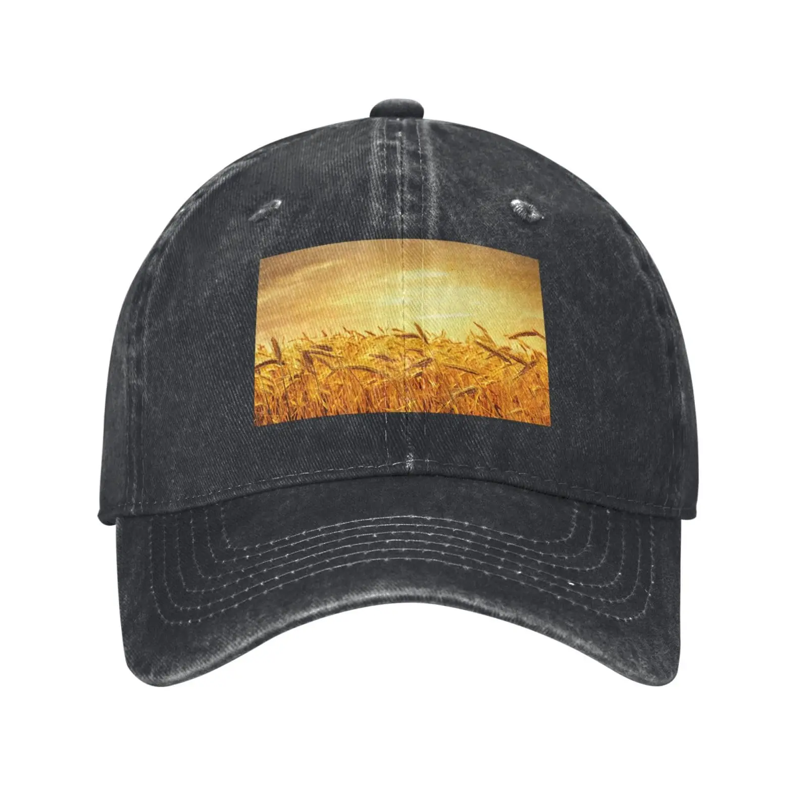 Wheat Field Print Washed Cowboy Baseball Cap for Adults Adjustable Trucker Caps Outdoor Sports