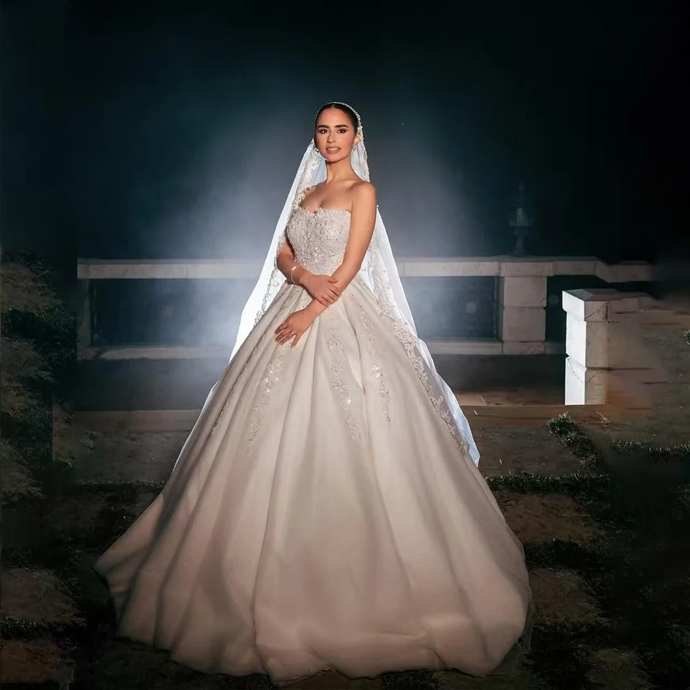 

Modest Weddings Dresses Strapless Sleeveless Bride Dress with Beading Appliques A-Line Bridal Gown Customized Vestidos De Novia