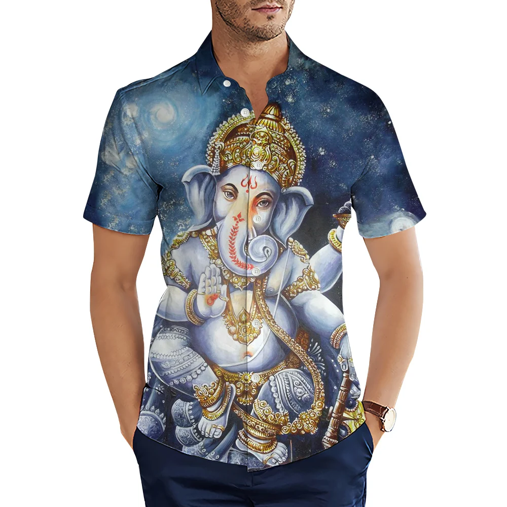 CLOOCL Koszule Męskie 3D Wzór Shiva Ganesha Bluzka Z Nadrukiem Letnia Krótki Rękaw Klapa Męskie Koszule Hawajskie Moda Przytulne Topy