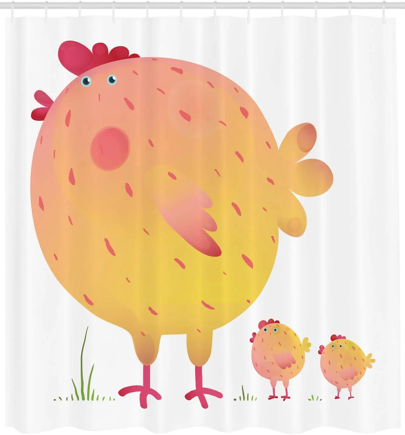 Chicken Shower Curtain, Mother Hen and Chicks Farm Animals Agriculture Family Theme, Cloth Fabric Bathroom Decor Set with Hooks
