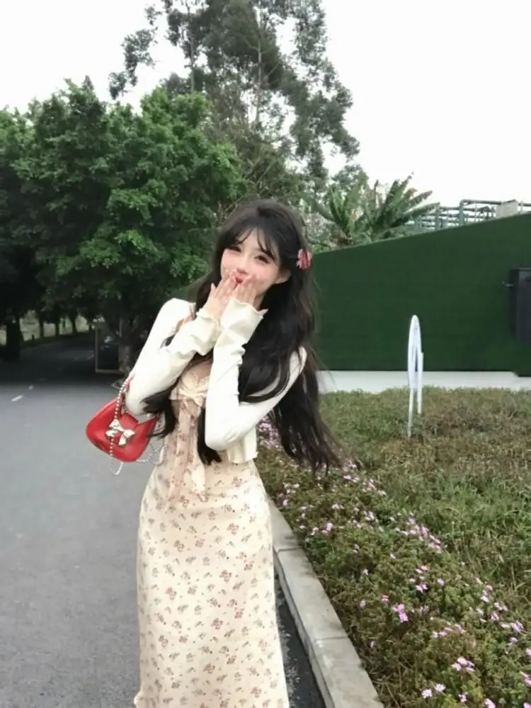 Summer Vaion Sle Beautiful Floral Print ter Dr Cardigan Two-Piece Set Pure Desire Sweet A-Line Skirt High Waist