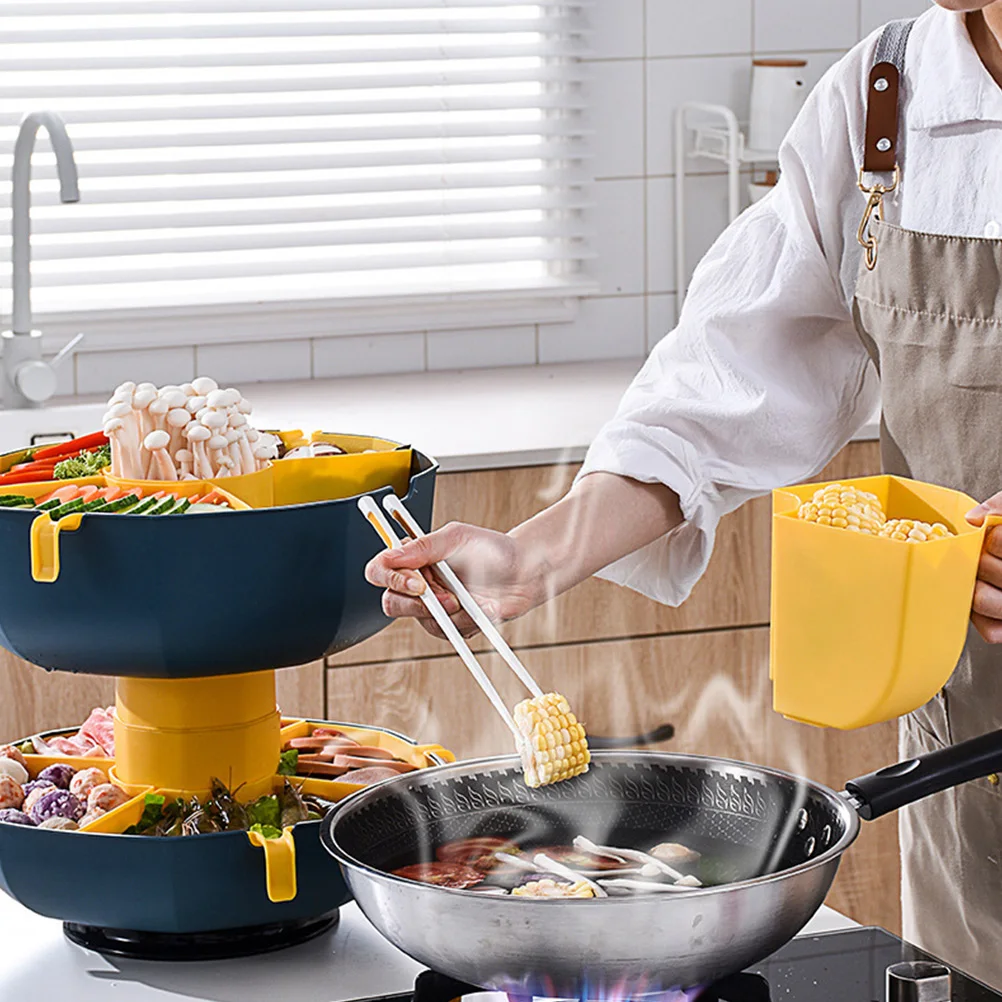 

Rotating Drain Platter Vegetable Baskets Kitchen Hot Pot Plastic Multi Grid Storage Bowl Filter Bowl Handle Detachable for Home