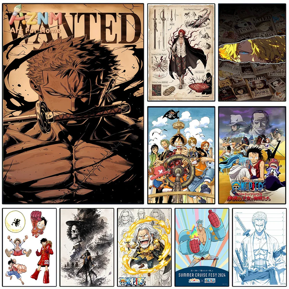 AZNM One Piece Roronoa Zoro Shanks Luffy Rayleigh Franky Brook Straw Hat Crew Wanted Anime Canvas Wall Art Manga Print Unframed