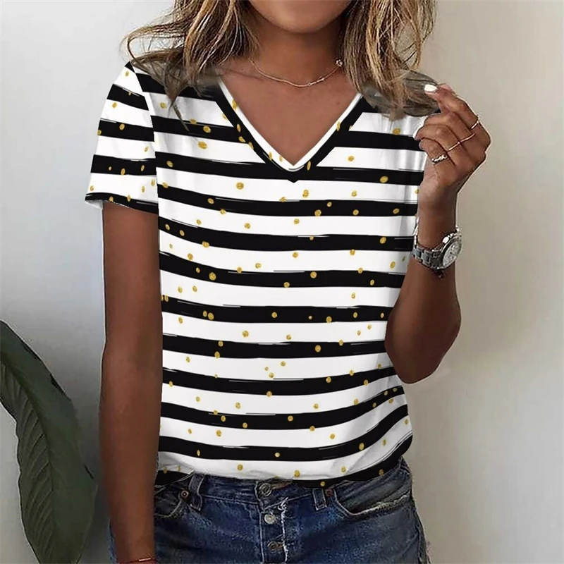 Stripe Graphic T Shirt Women Summer V-Neck Short Sleeve Tops Holiday Casual Tees Y2k Woman Streetwear Harajuku Oversized T-shirt