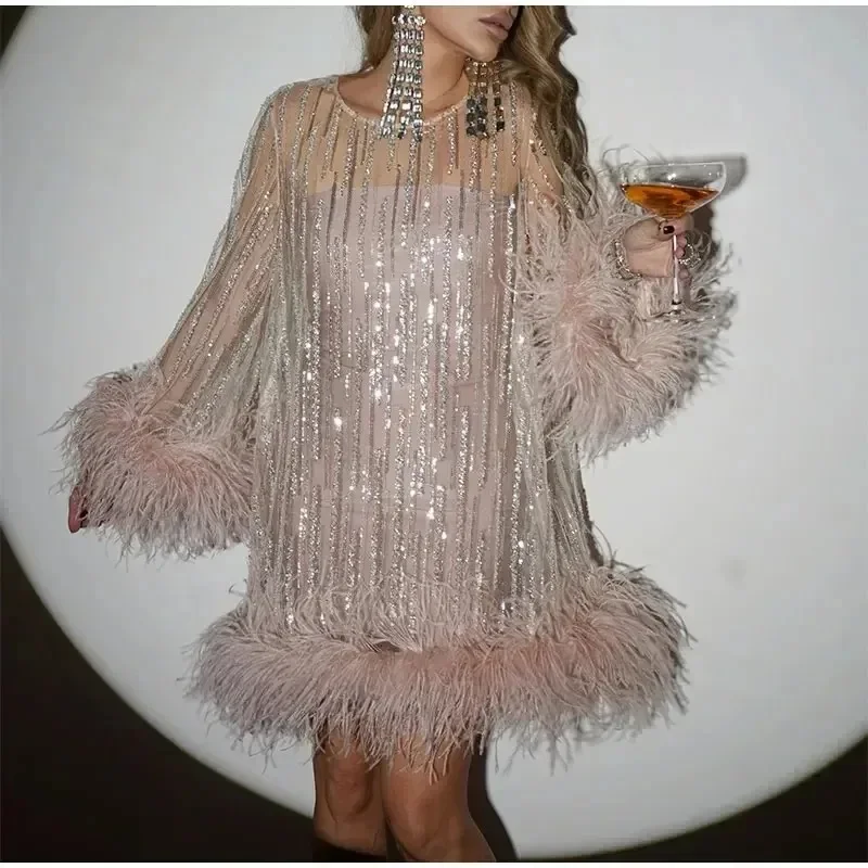 2025 New Mini Dress Pink Party Gown Flare Sleeve Dress Camel Bird Feathers Sequins Lightweight A- line Mini  dress for women