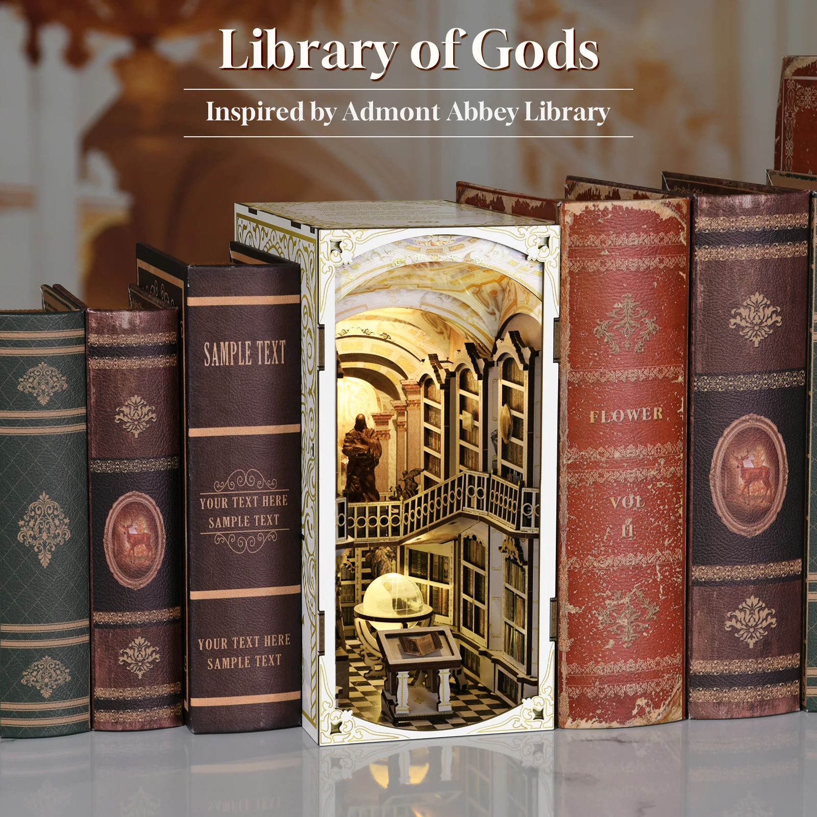 Book Nook Kit, DIY Miniature Dollhouse Booknook Kit, 3D Wooden Puzzle Bookend Bookshelf Insert Decor with LED Light for Teens an
