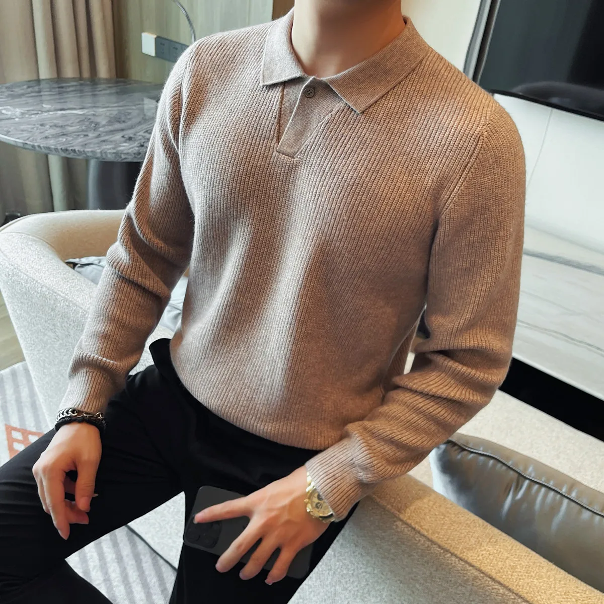 

Свитер мужской высокого качества с отложным воротником, деловые повседневные мужские свитера с длинным рукавом, облегающие однотонные вязаные пуловеры мужские