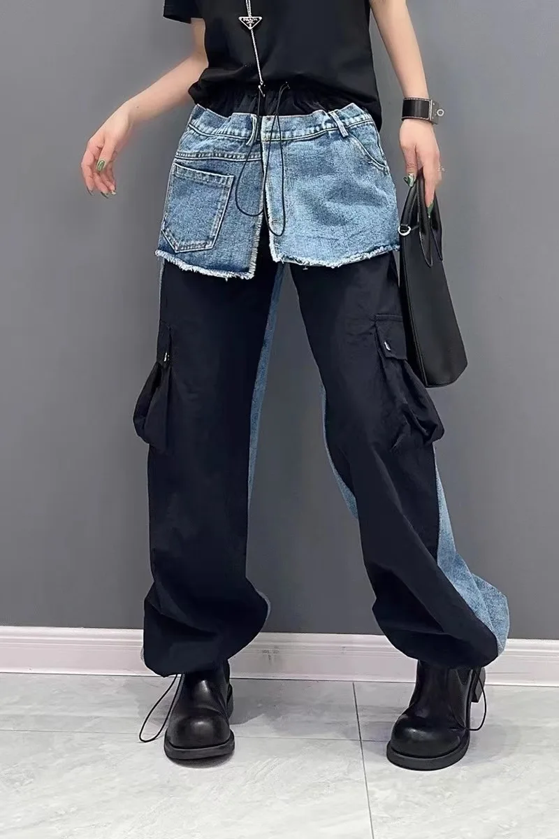 

American Street Women's Spring/Summer Versatile Casual Wide Leg Pants Denim Patchwork with Slimming Color Blocking Loose Fit