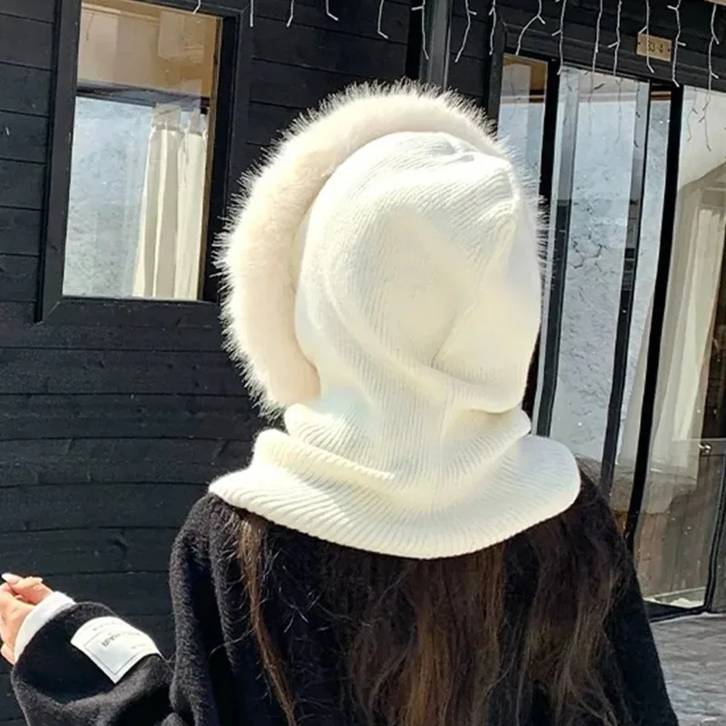 Winter Drawstring Imitation Mink fur collar Knitted Pullover Hat Outdoor Cycling Warm Neck Guard Integrated Women Balaclava Hat