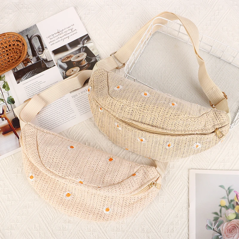 Women's Waist Bag Straw Woven Ladies Shoulder Crossbody Bags For Women Summer Fanny Pack Phone Female Chest Bag