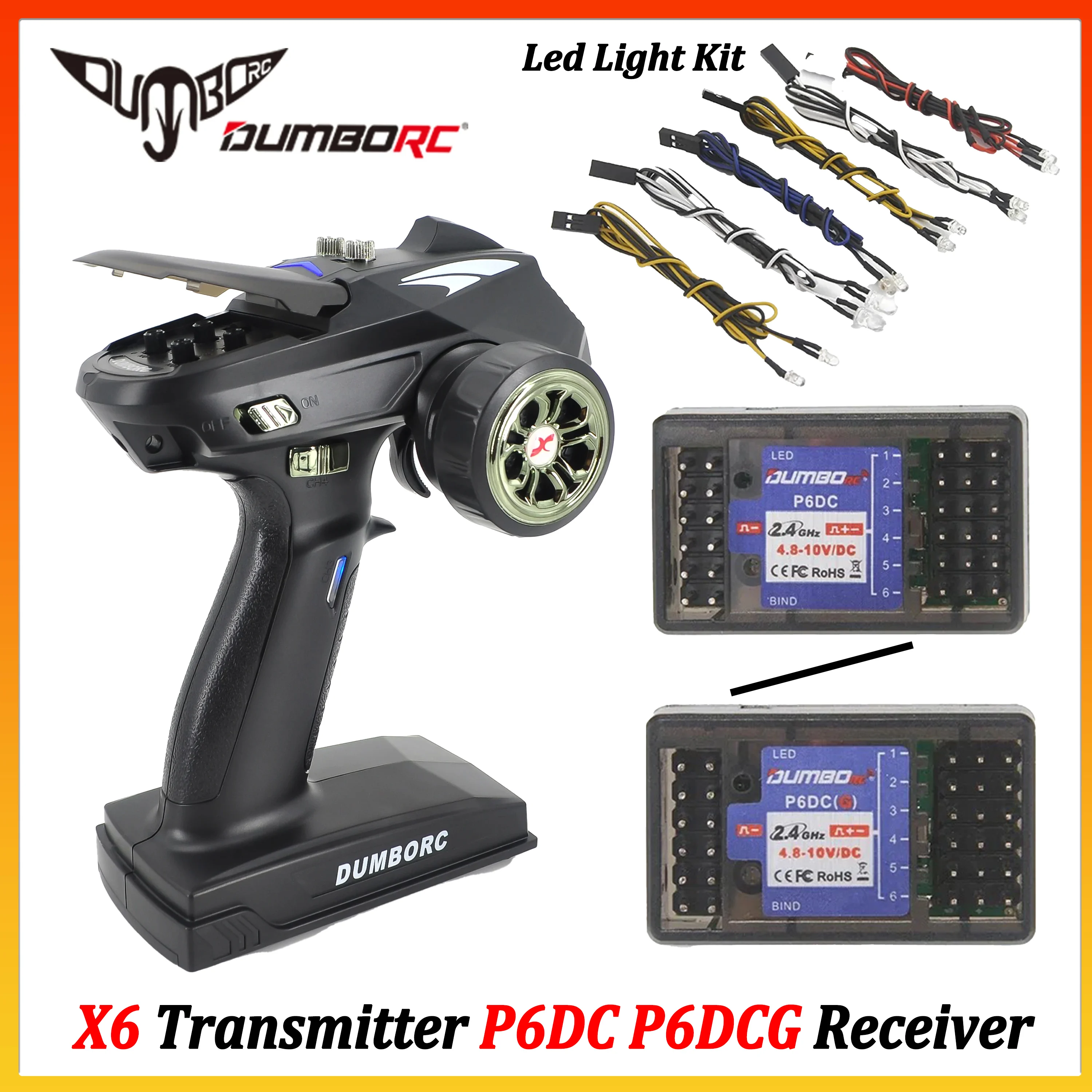 

DUMBORC 2.4G X6 6CH Transmitter with P6DC P6DCG Receiver LED Light Remote Control for Car Crawler Tank Part WPL Axial Wltoys