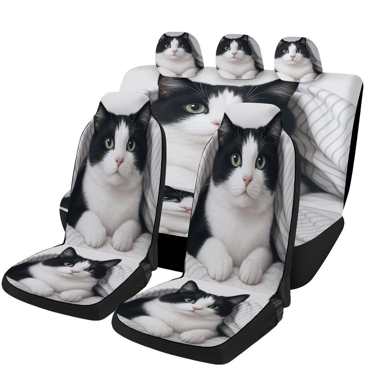 Set Of Car Seat Covers Featuring A Black And White Cat Design, Suitable For Various Vehicles. Stylish And Unique, This Complete