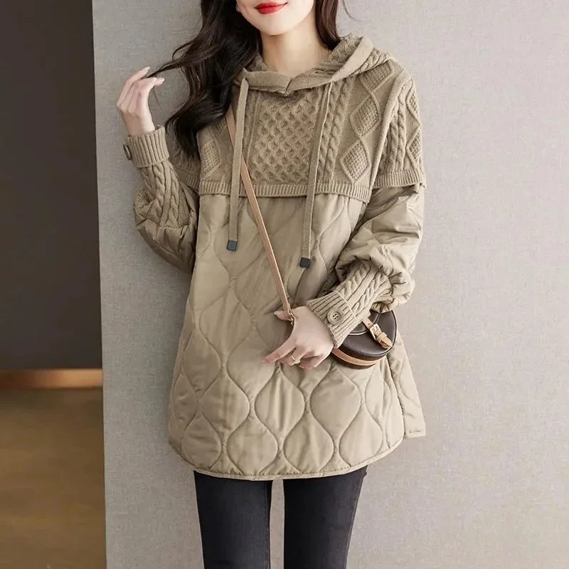 Women\'s Winter Parka 2024 Splicing Temperament Fashion Down Cotton Jacket Ladies Coat Knitting Appear Thin Hooded Female Jacket