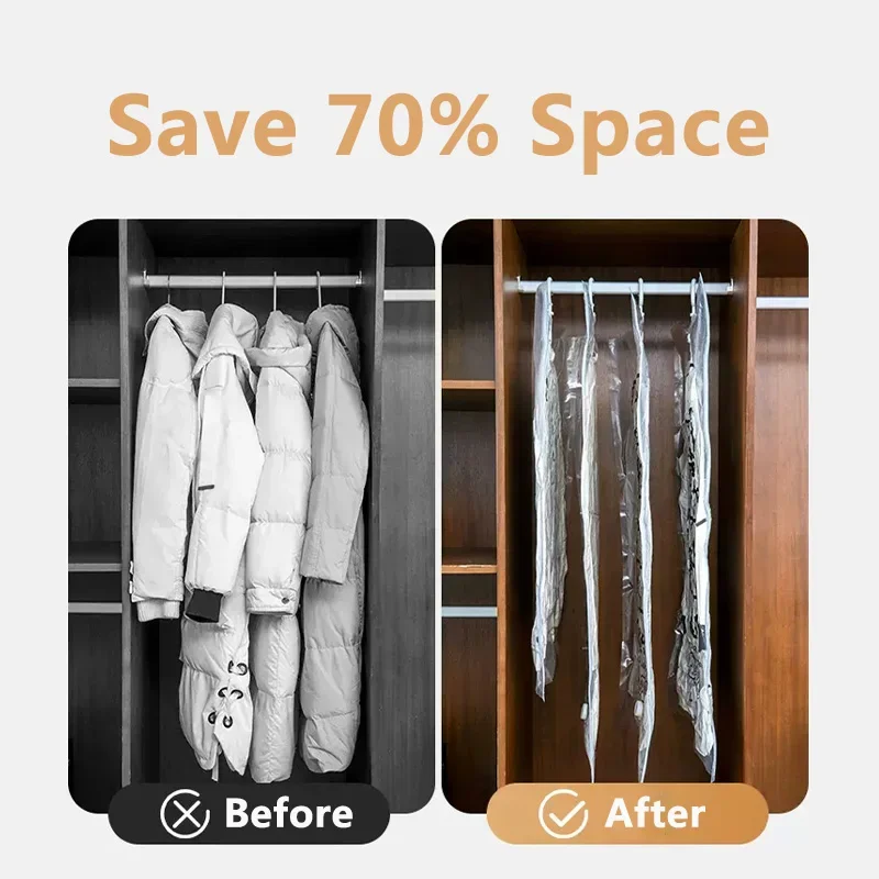 Vacuum Hanging Storage Bags Space Saving Clothes Compression Covers Reusable Closet Bag For Down