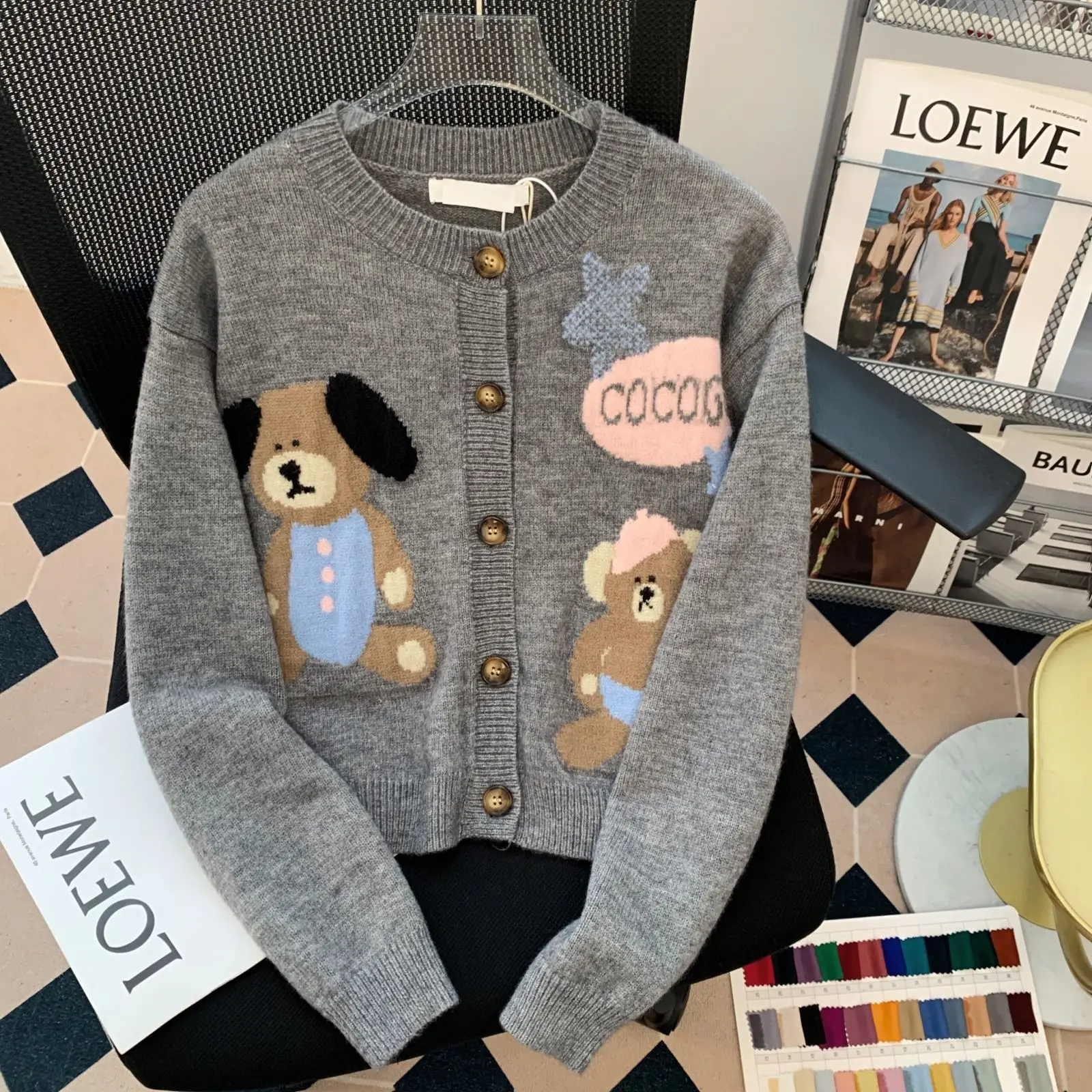 Korean Sweet Cartoon Bear Knitted Y2k Sueter Mujer O Neck Women Japanese Preppy Style Kawaii Sweaters Cardigan Gray Short