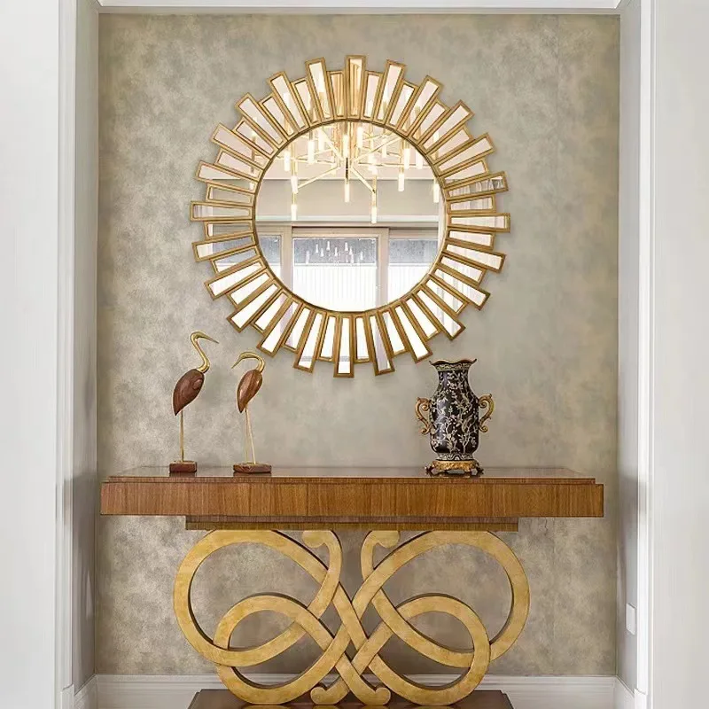 Champagne gold round mirror decorative wall mirror living room bathroom high definition makeup hanging mirror