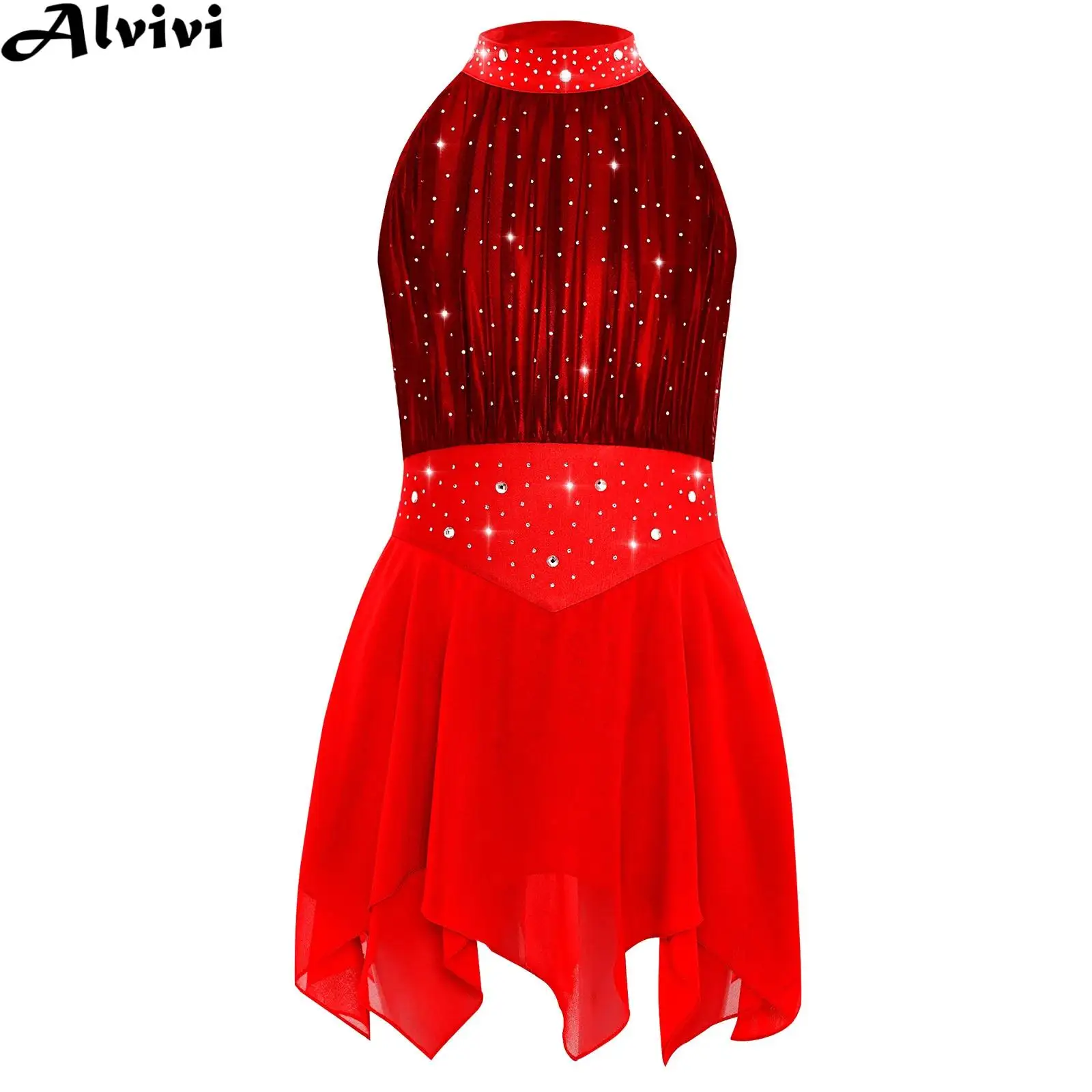 

Teen Girls Figure Skating Lyrical Dance Gymnastics Dress Sleeveless Shiny Rhinestones Sheer Mesh Chiffon hem Leotard Dresses