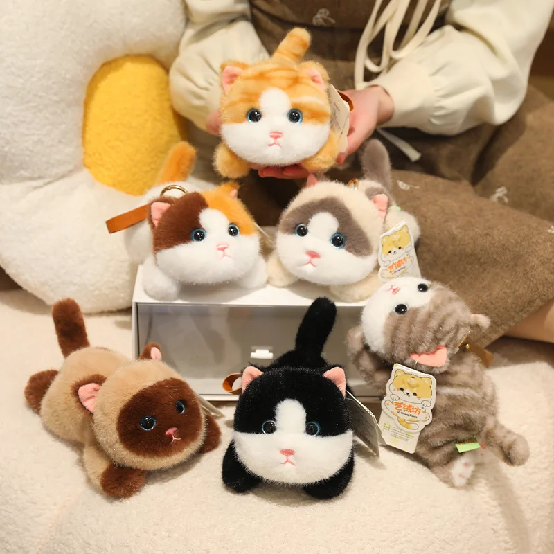 

16cm Cute Simulated Lying Cat Plush Keychain Soft Stuffed Animal White Black Kitten Pendant Doll Kids Birthday Gift