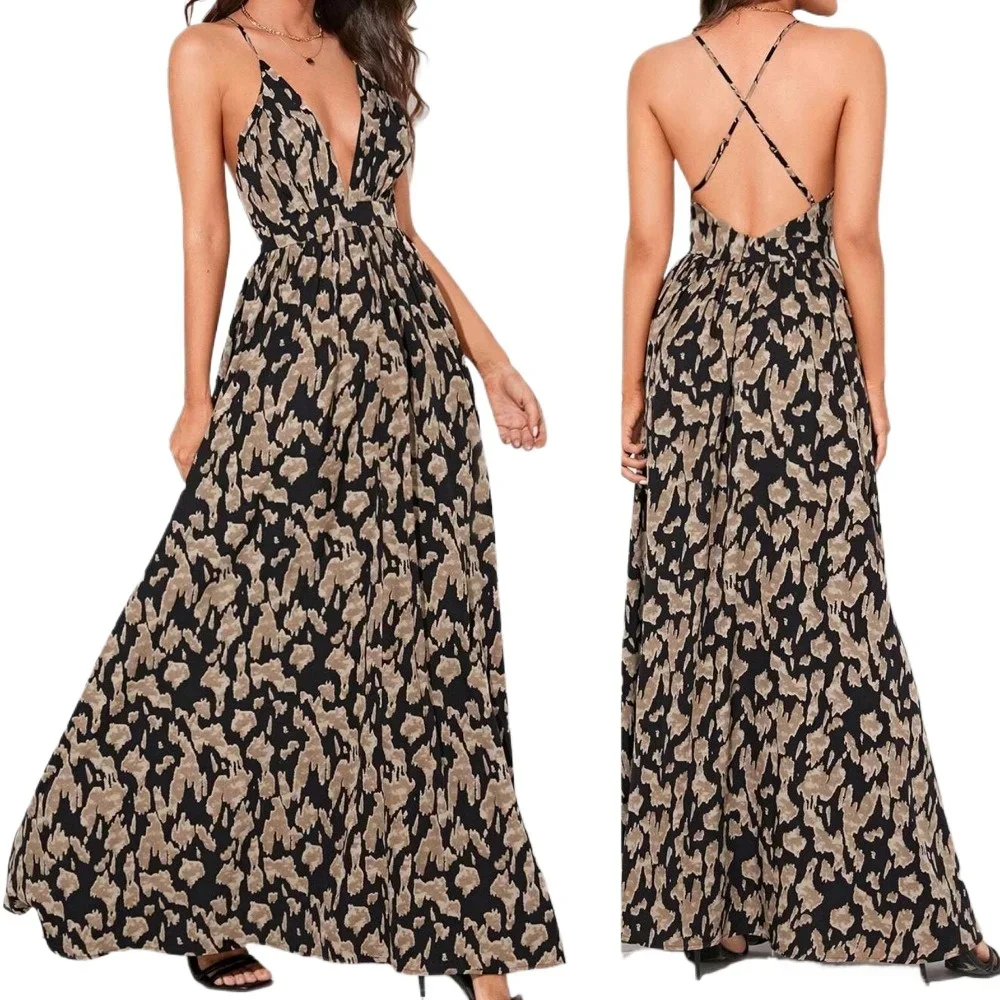 Suspender Dress Women Fashion Ladies Sleeveless Backless Casual Maxi Long Summer Dresses Black Brown 1049