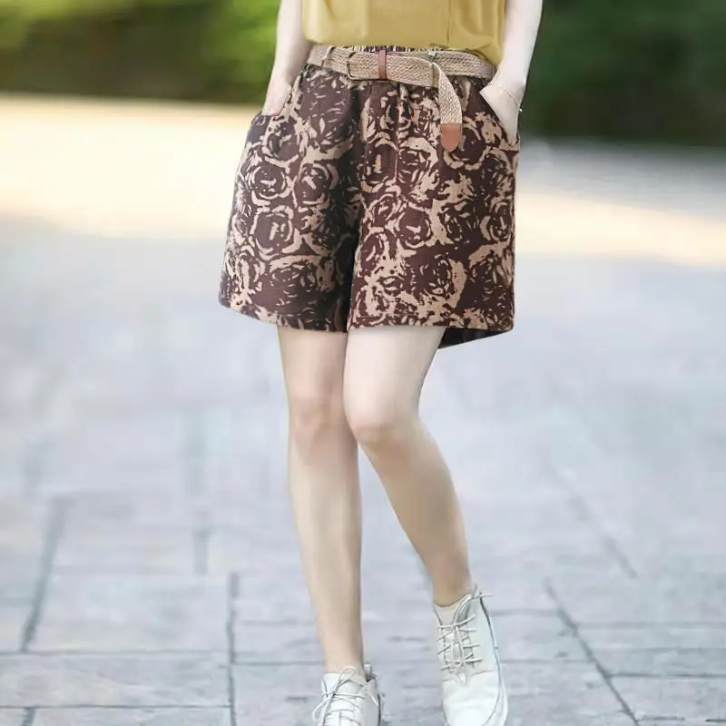 Loose Vintage Women's High Waist Pockets Printed Shorts Summer Simplicity Casual Belt Wide Leg Shorts Fashion Female Clothing
