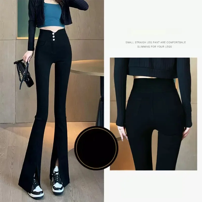 Korean Style Vintage Slim Autumn Pants High Waist Casual Flare Pants Female Fahsion Sweet Button Closed Wide Leg Trousers Pants