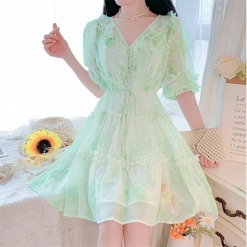 2025 새로운 여름 쉬폰 드레스 여성 패션 인쇄 v-목 반팔 보헤미안 꽃 드레스 우아한 숙녀 파티 드레스