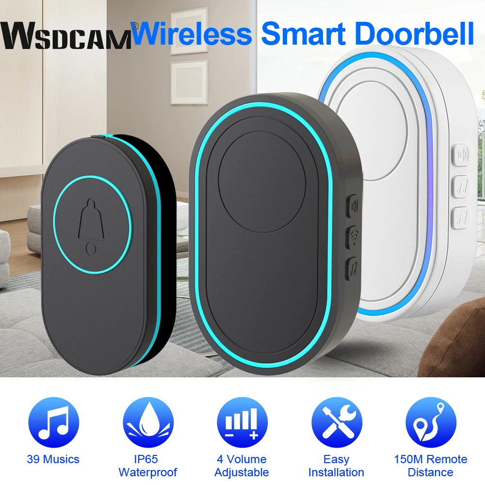 

Wsdcam Wireless Doorbell Smart Home Door Bell Chime Kit 39 Musics LED Flash House Welcome Bell IP65 Waterproof Security Doorbell