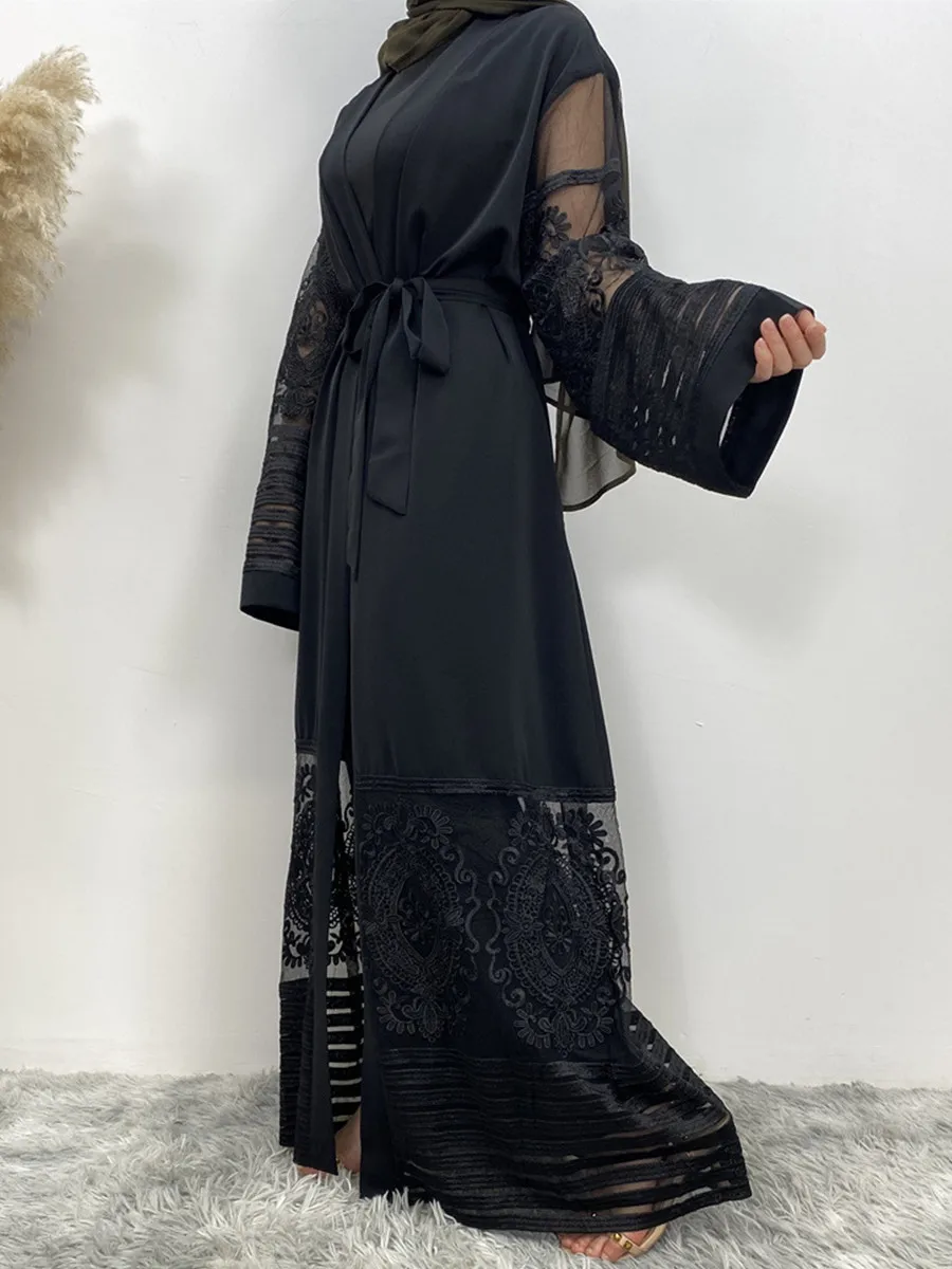 Donne musulmane Dubai Abaya Ricamo etnico Patchwork di pizzo Kimono Cardigan Abito lungo Modesto Ramadan Robe Femme Islam Abbigliamento