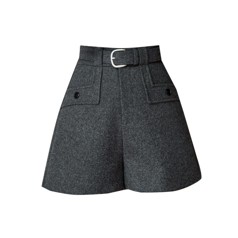 ハイウエストウールショーツ女性シックなポケットデザインルーズ秋冬カレッジヴィンテージストリートウェア女性上品なベーシックブーツパンツ